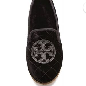 Tory Burch Billy Black Quilted Velvet Fur Loafers Crepe Sole Slippers Sz 9 Flats